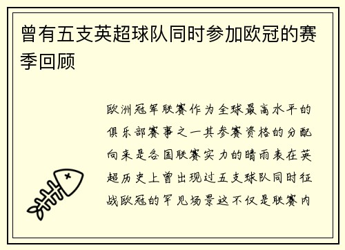 曾有五支英超球队同时参加欧冠的赛季回顾